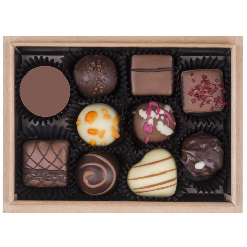 Christmas pralines, chocolate in a wooden box